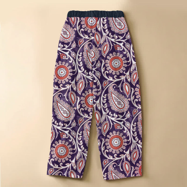 Buddha Stones Pure Cotton Bohemian Paisley Floral Pattern Frog Button Women's Elastic Waist Harem Pants With Pockets - image 6