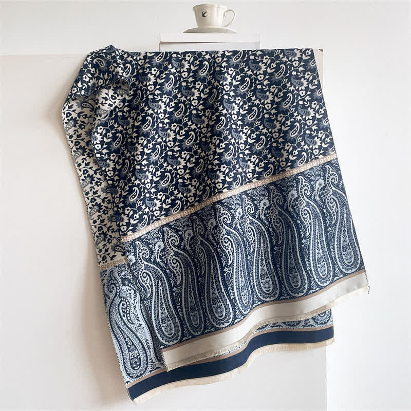 Buddha Stones Spring Fall Paisley Floral Vines Reversible Pattern Shawl - MidnightBlue - 180*65cm - image 10