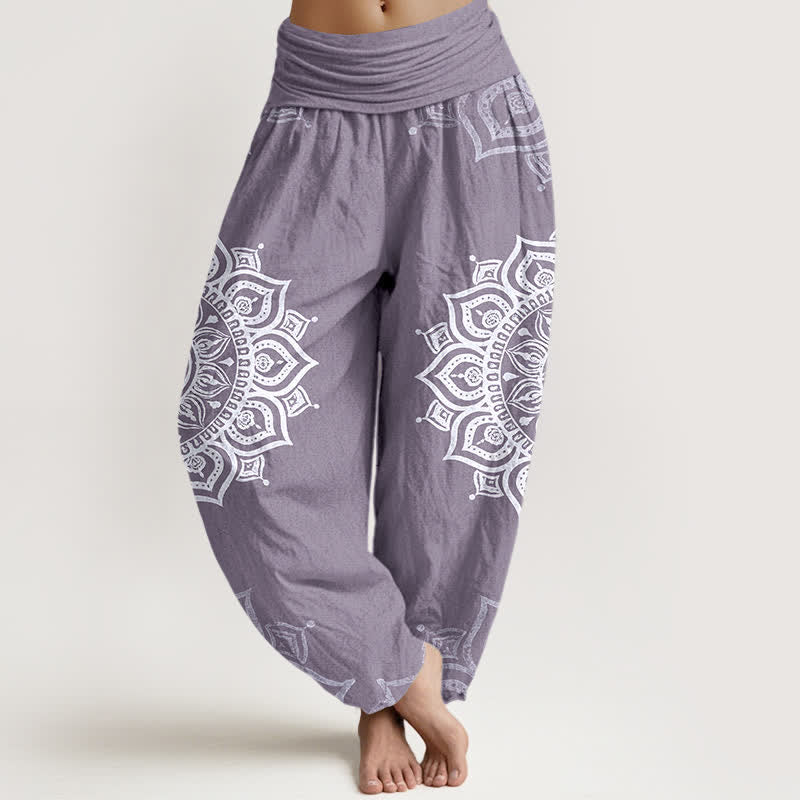 Buddha Stones Pure Cotton White Mandala Floral Pattern Women's Elastic Waist Harem Pants - MediumPurple - US16，UK/AU20，EU48 (3XL) - image 5