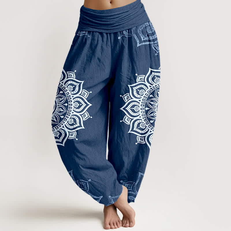 Buddha Stones Pure Cotton White Mandala Floral Pattern Women's Elastic Waist Harem Pants - SteelBlue - US16，UK/AU20，EU48 (3XL) - image 8