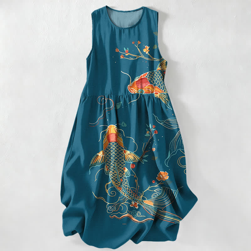 Buddha Stones Summer Casual Koi Fish Floral Wave Pattern Women's Summer Sleeveless Midi Dress With Pockets - Teal - US16，UK/AU20，EU48 (3XL) - image 4