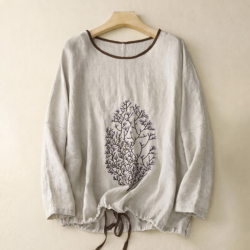 Buddha Stones Spring Fall Casual Embroidery Tree Drawstring Women's Crew Neck Design Cotton Linen Women's Long Sleeve T-Shirt - image 1
