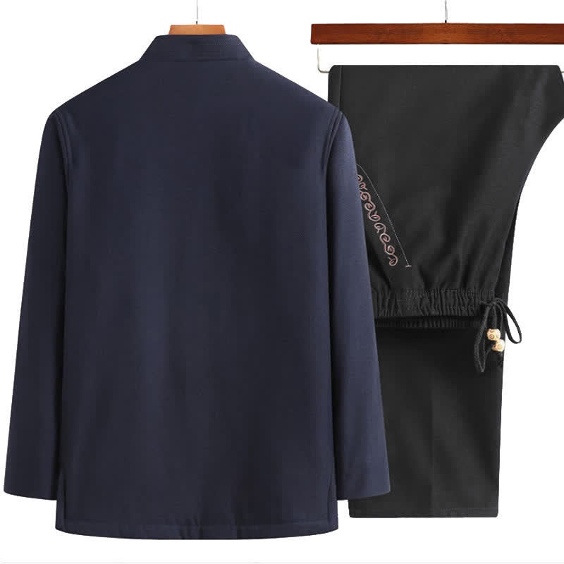 Buddha Stones Fu Character Embroidery Tang Suit Frog-Button Men's Long Sleeve Jacket Shirt Pants - image 6