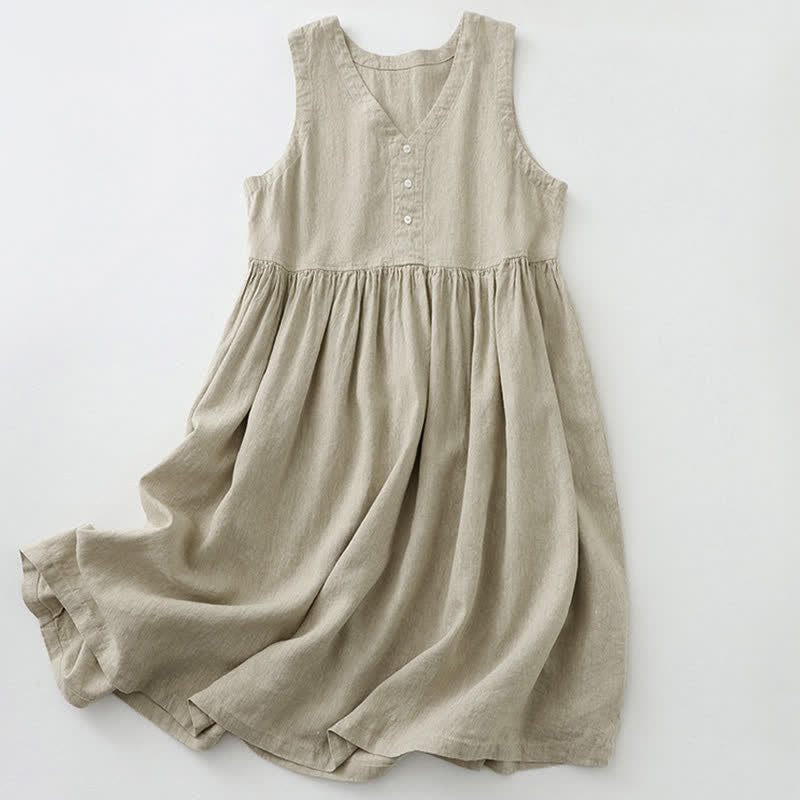 Buddha Stones Daily Casual Pure Color V-Neck Simple Buttons Design Sleeveless Midi Dress - Linen - US12，UK/AU16，EU44 (2XL) - image 0