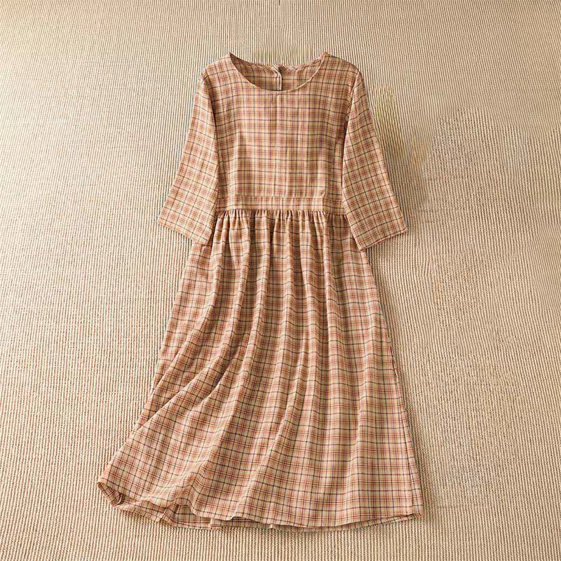 Buddha Stones Summer Casual Vintage Plaid Women's Three-Quarter Sleeve Dress With Pocket - image 2