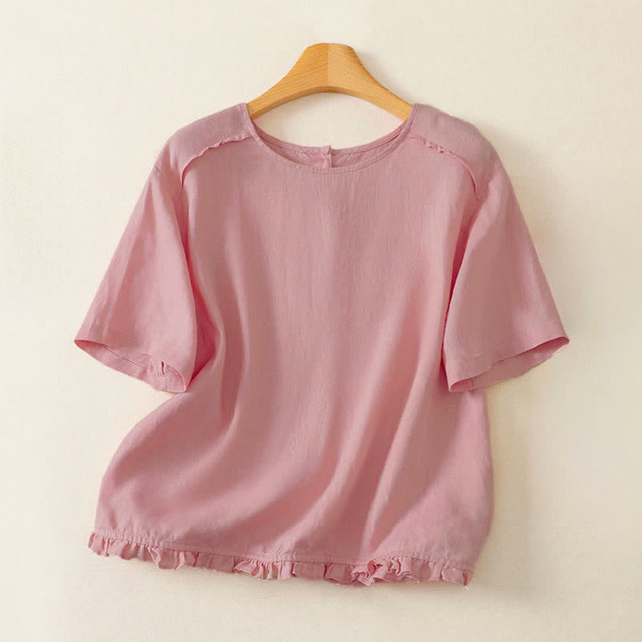 Buddha Stones Summer Casual Minimalist Ruffle Hem Solid Women's Short Sleeve T-Shirts - LightPink - US12, UK/AU16, EU44 (2XL) - image 2