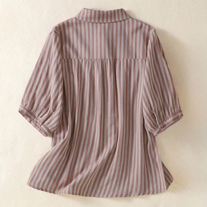 Buddha Stones Summer Casual Button-Up Striped Women's Short Sleeve Shirts With Patch Pocket - image 9