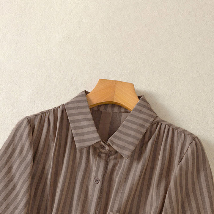 Buddha Stones Summer Casual Button-Up Striped Women's Short Sleeve Shirts With Patch Pocket - image 17