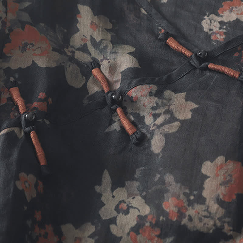 Buddha Stones Summer Tang Style Vintage Frog Button V-Neck Floral Women's Elbow-Length Sleeve Shirts - image 2