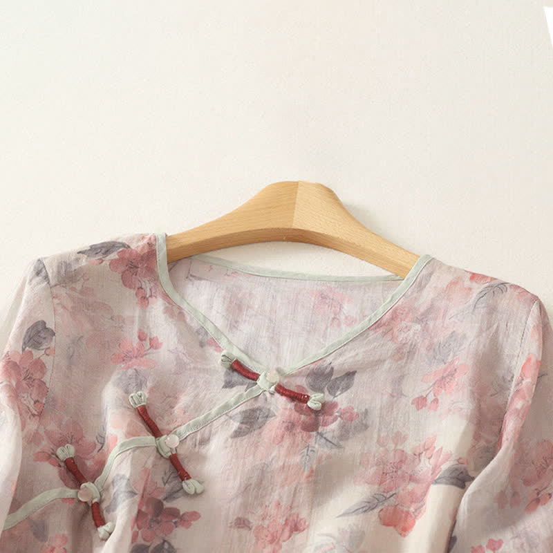 Buddha Stones Summer Tang Style Vintage Frog Button V-Neck Floral Women's Elbow-Length Sleeve Shirts - image 7