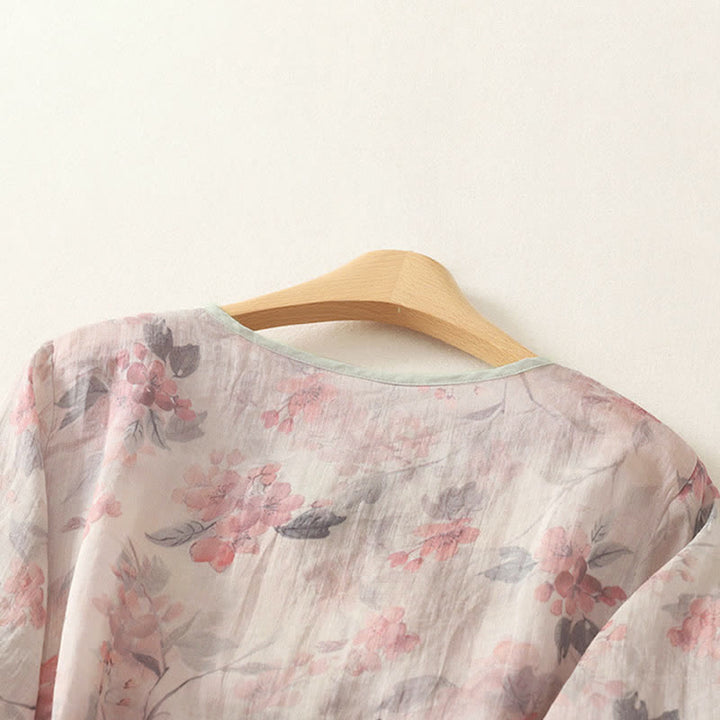 Buddha Stones Summer Tang Style Vintage Frog Button V-Neck Floral Women's Elbow-Length Sleeve Shirts - image 8