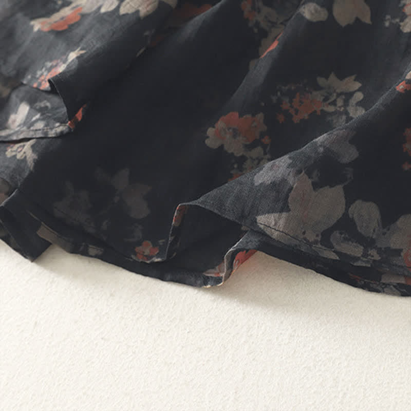 Buddha Stones Summer Tang Style Vintage Frog Button V-Neck Floral Women's Elbow-Length Sleeve Shirts - image 4