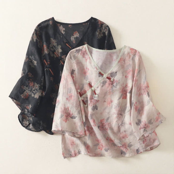 Buddha Stones Summer Tang Style Vintage Frog Button V-Neck Floral Women's Elbow-Length Sleeve Shirts - image 14