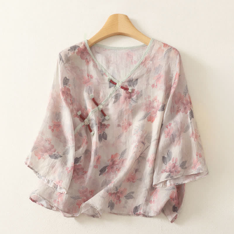 Buddha Stones Summer Tang Style Vintage Frog Button V-Neck Floral Women's Elbow-Length Sleeve Shirts - Beige - US12, UK/AU16, EU44 (3XL) - image 5