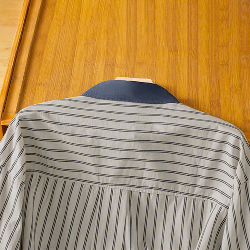 Buddha Stones Spring Summer Casual Minimalist Button-Up Striped Contrast Trim Women's Long Sleeve Shirts With Patch Pocket - image 4