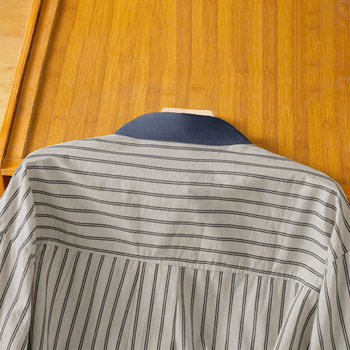 Buddha Stones Spring Summer Casual Minimalist Button-Up Striped Contrast Trim Women's Long Sleeve Shirts With Patch Pocket - image 4