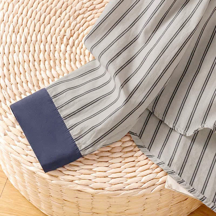 Buddha Stones Spring Summer Casual Minimalist Button-Up Striped Contrast Trim Women's Long Sleeve Shirts With Patch Pocket - image 5