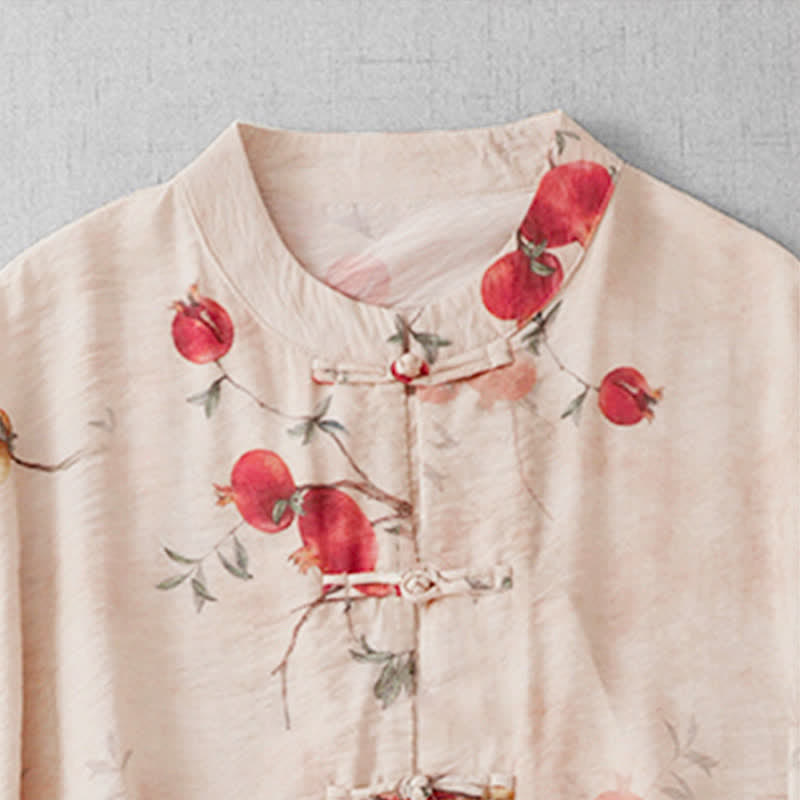 Buddha Stones Summer Tang Style Vintage Frog Button Pomegranate Print Women's Long Sleeve Shirts - image 2