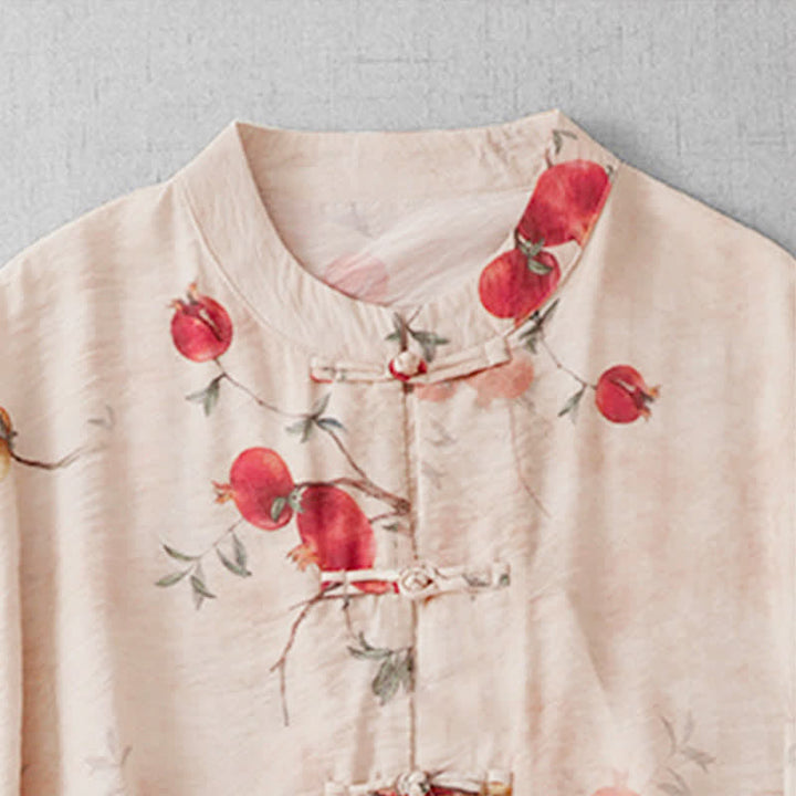 Buddha Stones Summer Tang Style Vintage Frog Button Pomegranate Print Women's Long Sleeve Shirts - image 2