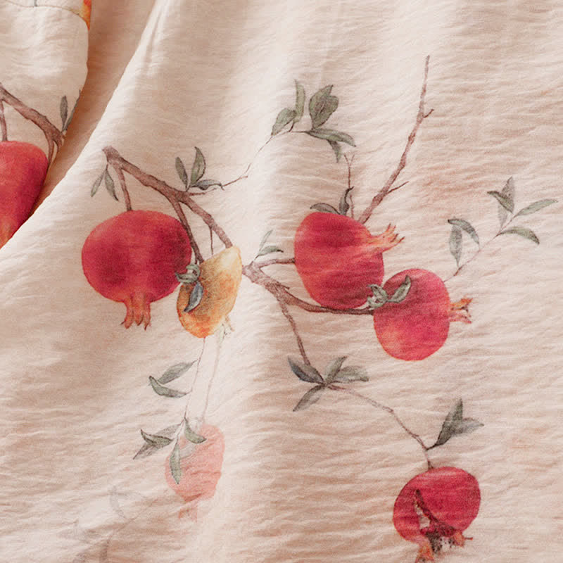 Buddha Stones Summer Tang Style Vintage Frog Button Pomegranate Print Women's Long Sleeve Shirts - image 8