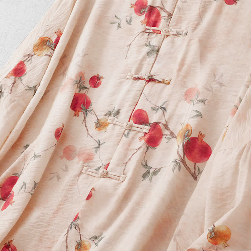 Buddha Stones Summer Tang Style Vintage Frog Button Pomegranate Print Women's Long Sleeve Shirts - image 3