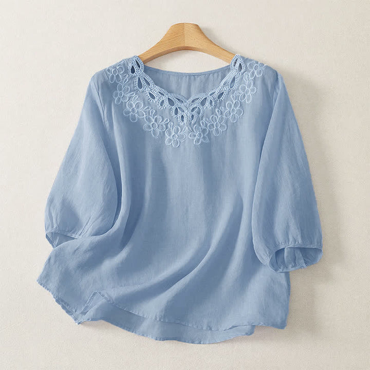 Buddha Stones Spring Summer Casual Vintage Crew Neck Embroidery Solid Women's Three-Quarter Sleeve T-Shirt - PowderBlue - US12, UK/AU16, EU44 (2XL) - image 5