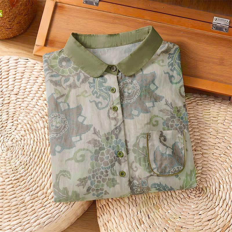 Buddha Stones Spring Summer Casual Vintage Button-Up Floral Women's Long Sleeve Shirts With Pocket - image 2