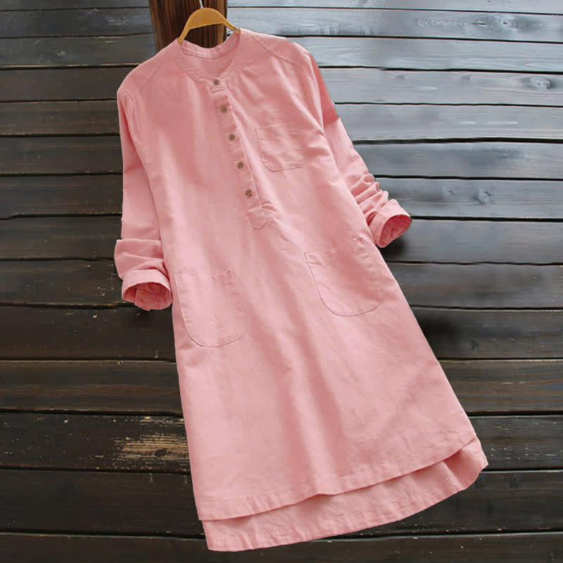Buddha Stones Solid Buttons Long Sleeve Women's Shirt With Pockets - Pink - US16，UK/AU20，EU48 (5XL) - image 5