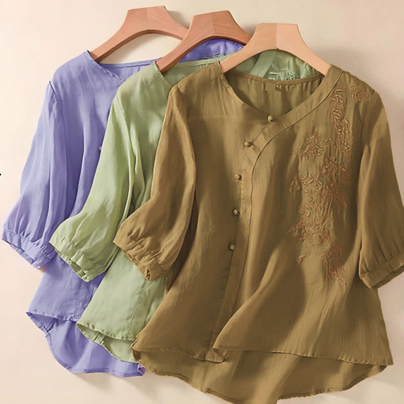 Buddha Stones Casual Loose Flower Embroidery Frog Button Short Sleeve Women's Shirt - image 8