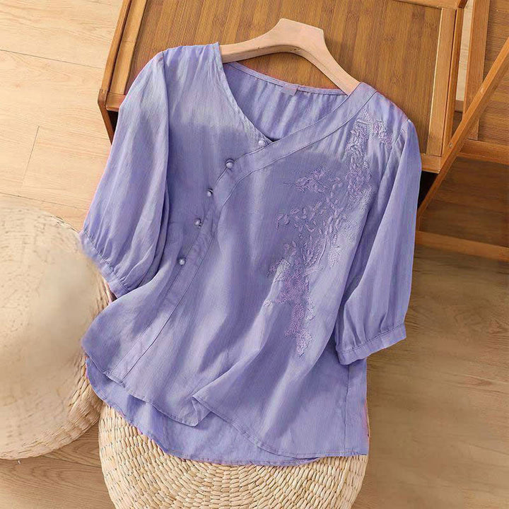 Buddha Stones Casual Loose Flower Embroidery Frog Button Short Sleeve Women's Shirt - image 3