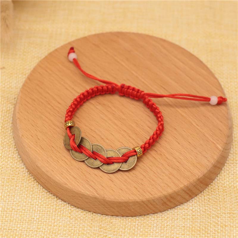 Buddha Stones Copper Coin Fortune Red String Weave Bracelet - Five Copper Coins(Bracelet Size 14-20cm) - image 5