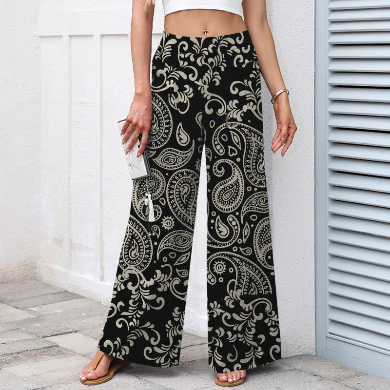 Buddha Stones Cotton Linen Vintage Paisley Pattern Women's Elastic Waist Wide Leg Pants With Pockets - image 1