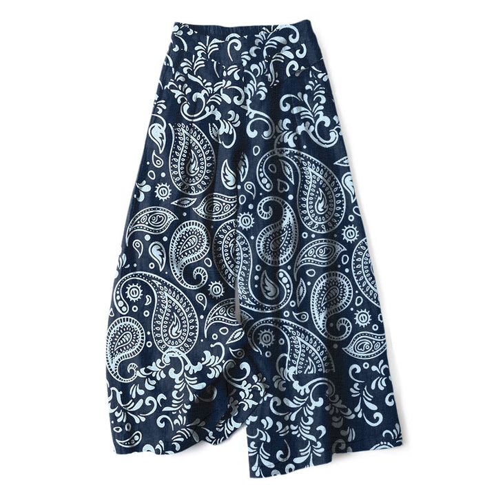 Buddha Stones Cotton Linen Vintage Paisley Pattern Women's Elastic Waist Wide Leg Pants With Pockets - Navy - US16，UK/AU20，EU48 (3XL) - image 6