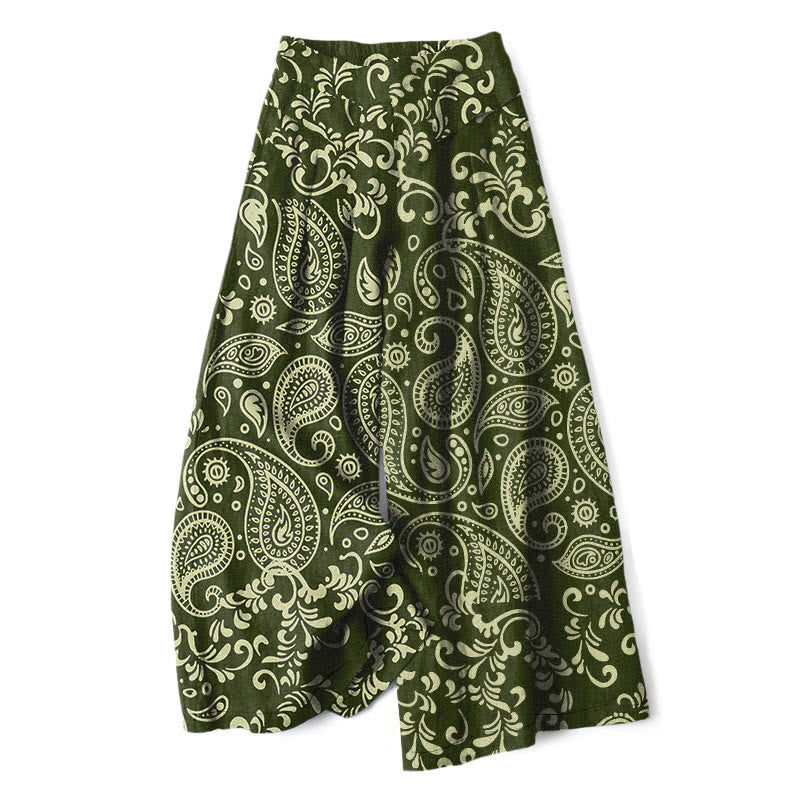 Buddha Stones Cotton Linen Vintage Paisley Pattern Women's Elastic Waist Wide Leg Pants With Pockets - OliveDrab - US16，UK/AU20，EU48 (3XL) - image 4