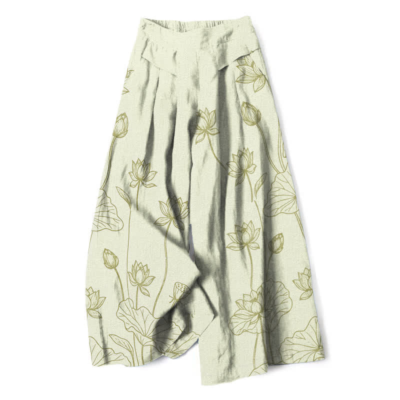 Buddha Stones Cotton Linen Vintage Lotus Line Art Pattern Women's Elastic Waist Wide Leg Pants With Pockets - Honeydew - US16，UK/AU20，EU48 (3XL) - image 4