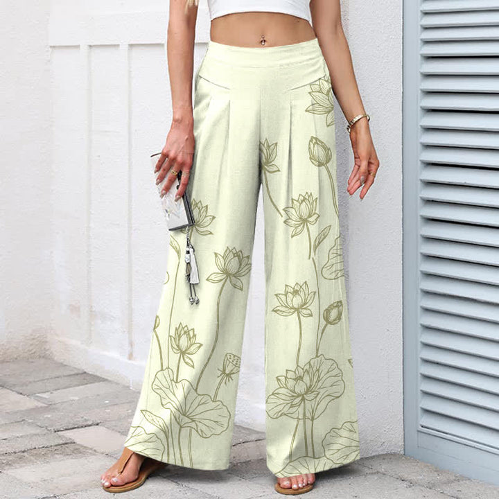 Buddha Stones Cotton Linen Vintage Lotus Line Art Pattern Women's Elastic Waist Wide Leg Pants With Pockets - image 5