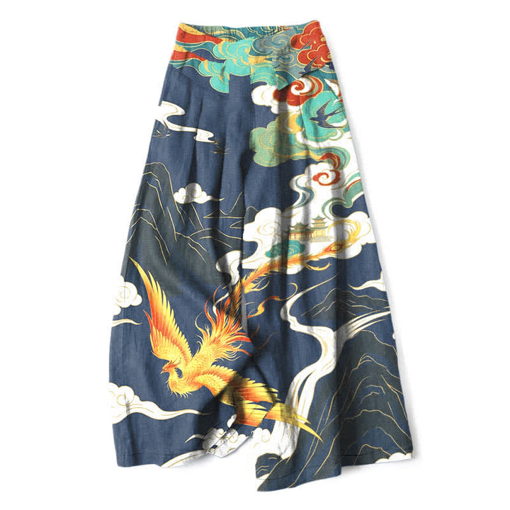 Buddha Stones Cotton Linen Phoenix Cloud Pattern Women's Elastic Waist Wide Leg Pants With Pockets - Navy - US16，UK/AU20，EU48 (3XL) - image 0