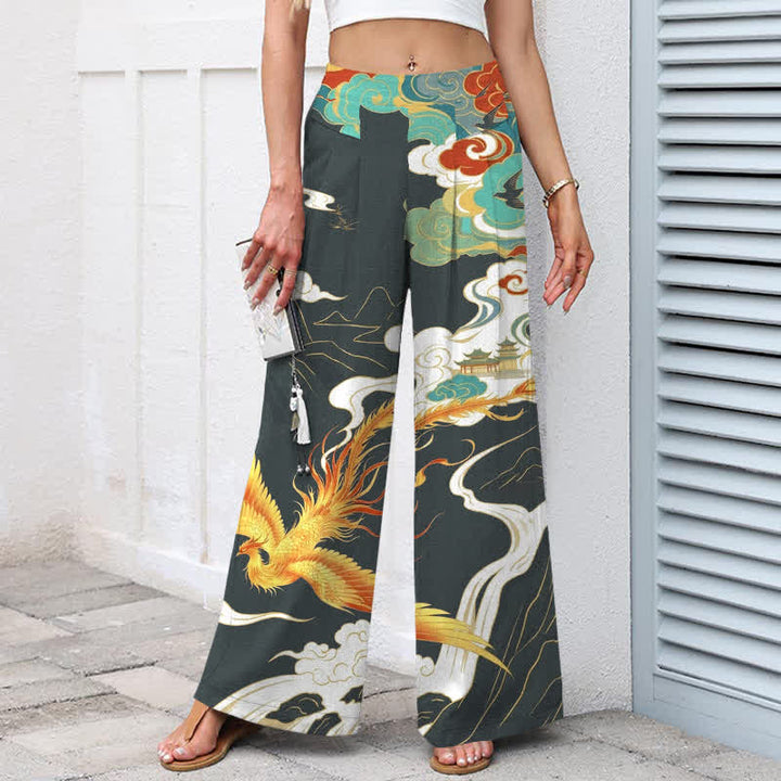 Buddha Stones Cotton Linen Phoenix Cloud Pattern Women's Elastic Waist Wide Leg Pants With Pockets - image 7