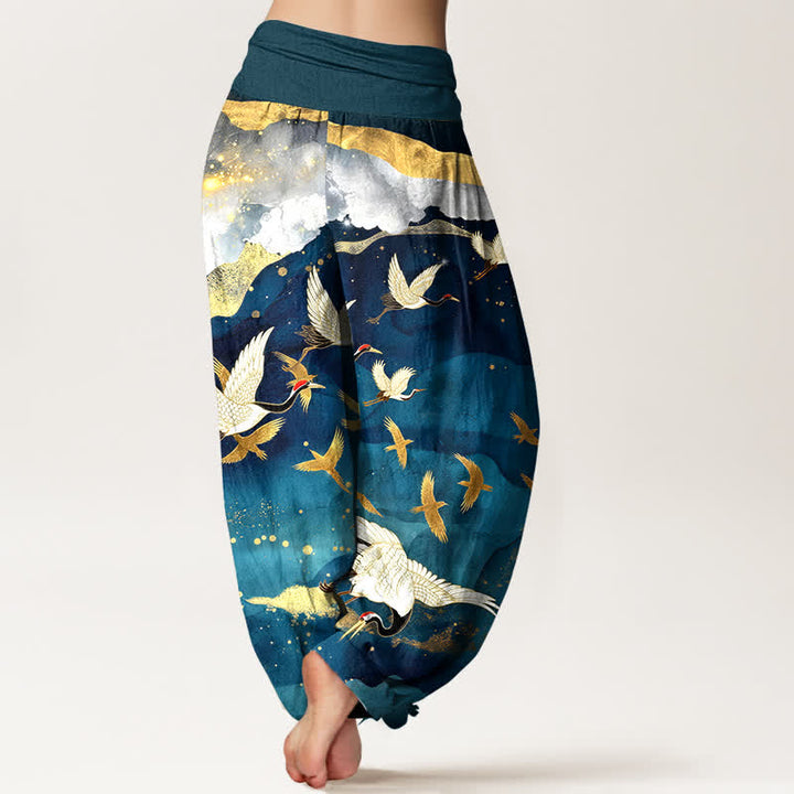 Buddha Stones Cotton Flying Crane Golden Cloud Pattern Women's Elastic Waist Harem Pants - image 2