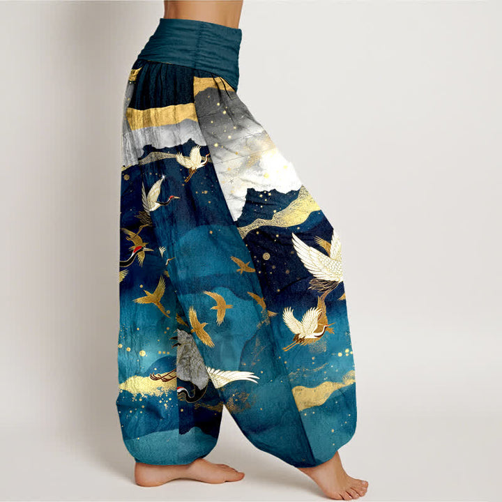 Buddha Stones Cotton Flying Crane Golden Cloud Pattern Women's Elastic Waist Harem Pants - image 1