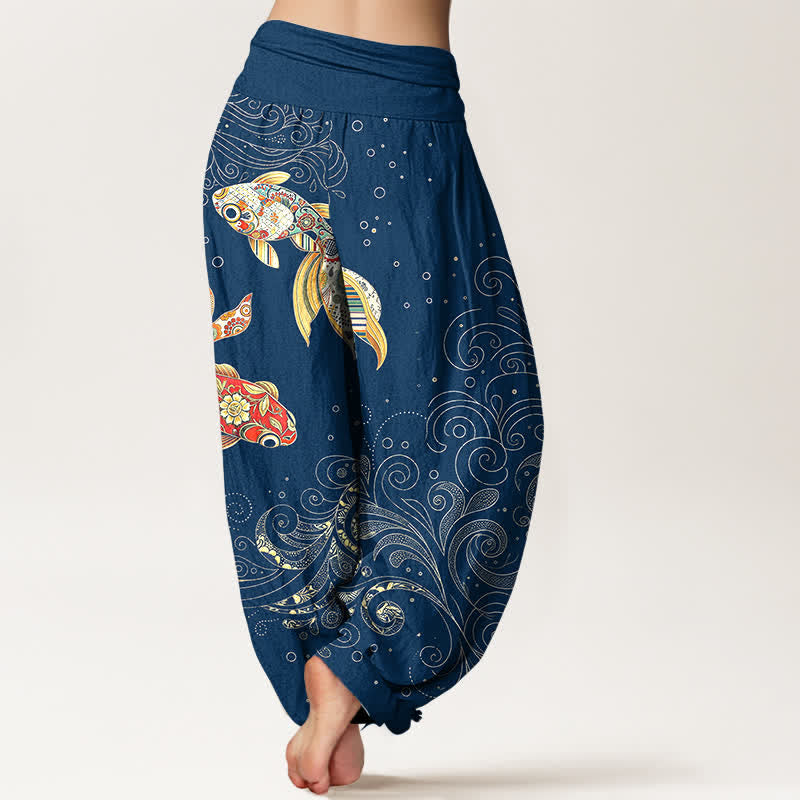 Buddha Stones Cotton Koi Fish Swirl Pattern Women's Elastic Waist Harem Pants - image 7