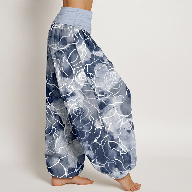 Buddha Stones Cotton White Outline Rose Pattern Women's Elastic Waist Harem Pants - image 6