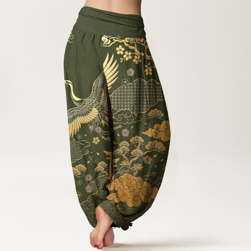 Buddha Stones Cotton Golden Crane Cloud Pattern Women's Elastic Waist Harem Pants - image 10