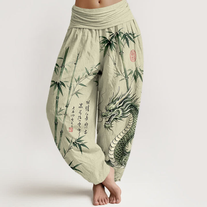 Buddha Stones Cotton Dragon Bamboo Pattern Women's Elastic Waist Harem Pants - Beige - US16，UK/AU20，EU48 (3XL) - image 0