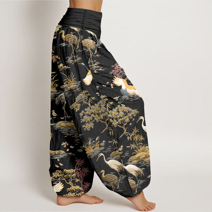 Buddha Stones Cotton Crane Reed Floral Pattern Women's Elastic Waist Harem Pants - image 1