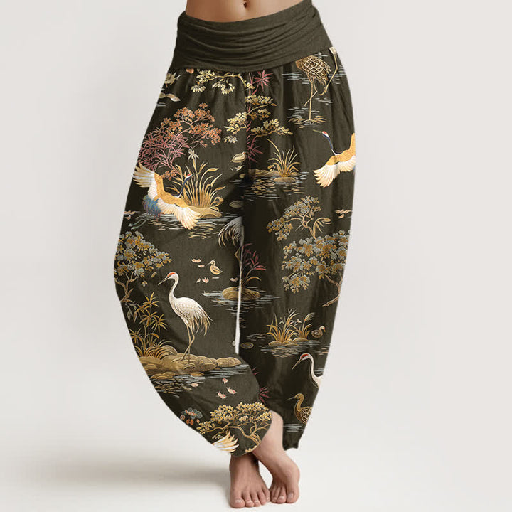 Buddha Stones Cotton Crane Reed Floral Pattern Women's Elastic Waist Harem Pants - Olive - US16，UK/AU20，EU48 (3XL) - image 8