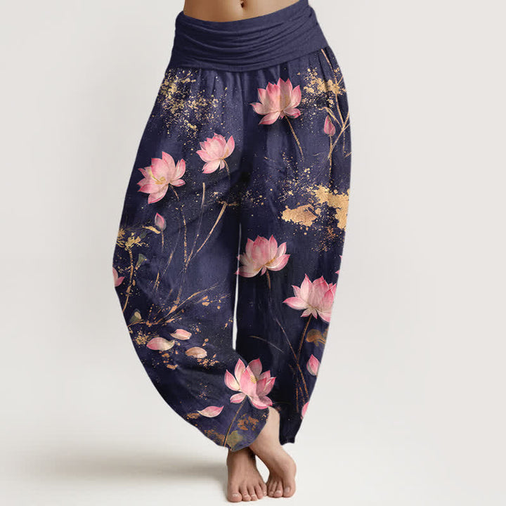 Buddha Stones Cotton Pink Lotus Gold Splash Pattern Women's Elastic Waist Harem Pants - Indigo - US16，UK/AU20，EU48 (3XL) - image 5