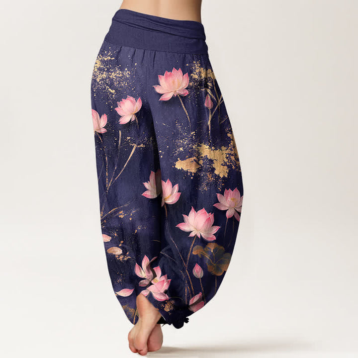 Buddha Stones Cotton Pink Lotus Gold Splash Pattern Women's Elastic Waist Harem Pants - image 7
