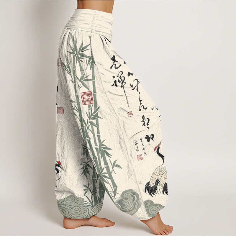 Buddha Stones Cotton Bamboo Calligraphy Crane Pattern Women's Elastic Waist Harem Pants - image 1