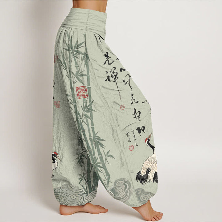 Buddha Stones Cotton Bamboo Calligraphy Crane Pattern Women's Elastic Waist Harem Pants - image 6